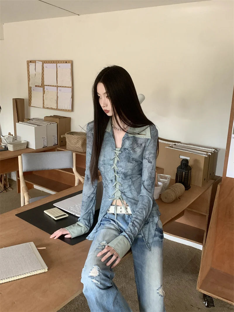 Lace-Up Distressed Denim Blouse