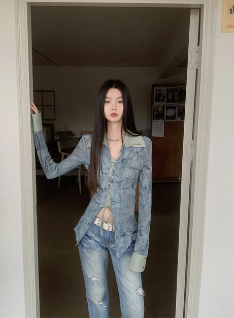 Lace-Up Distressed Denim Blouse