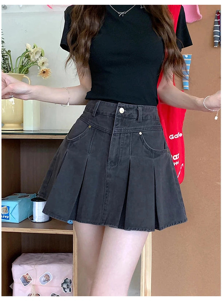 Pleated High-Waisted Denim Skirt