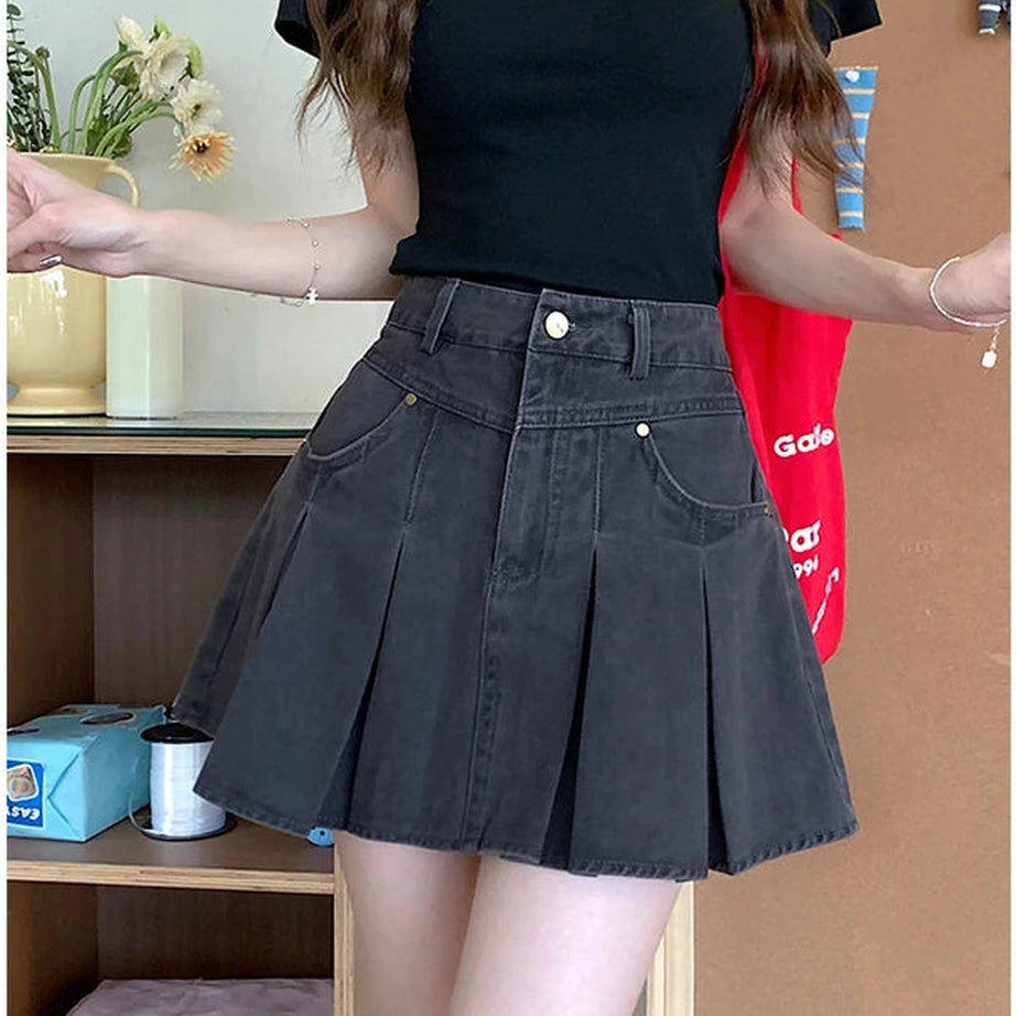 Pleated High-Waisted Denim Skirt