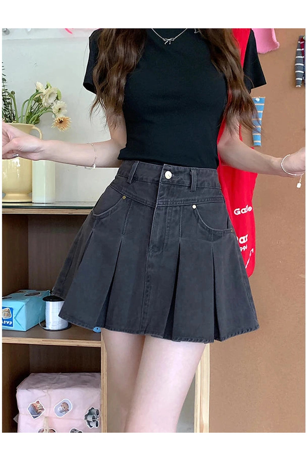 Pleated High-Waisted Denim Skirt
