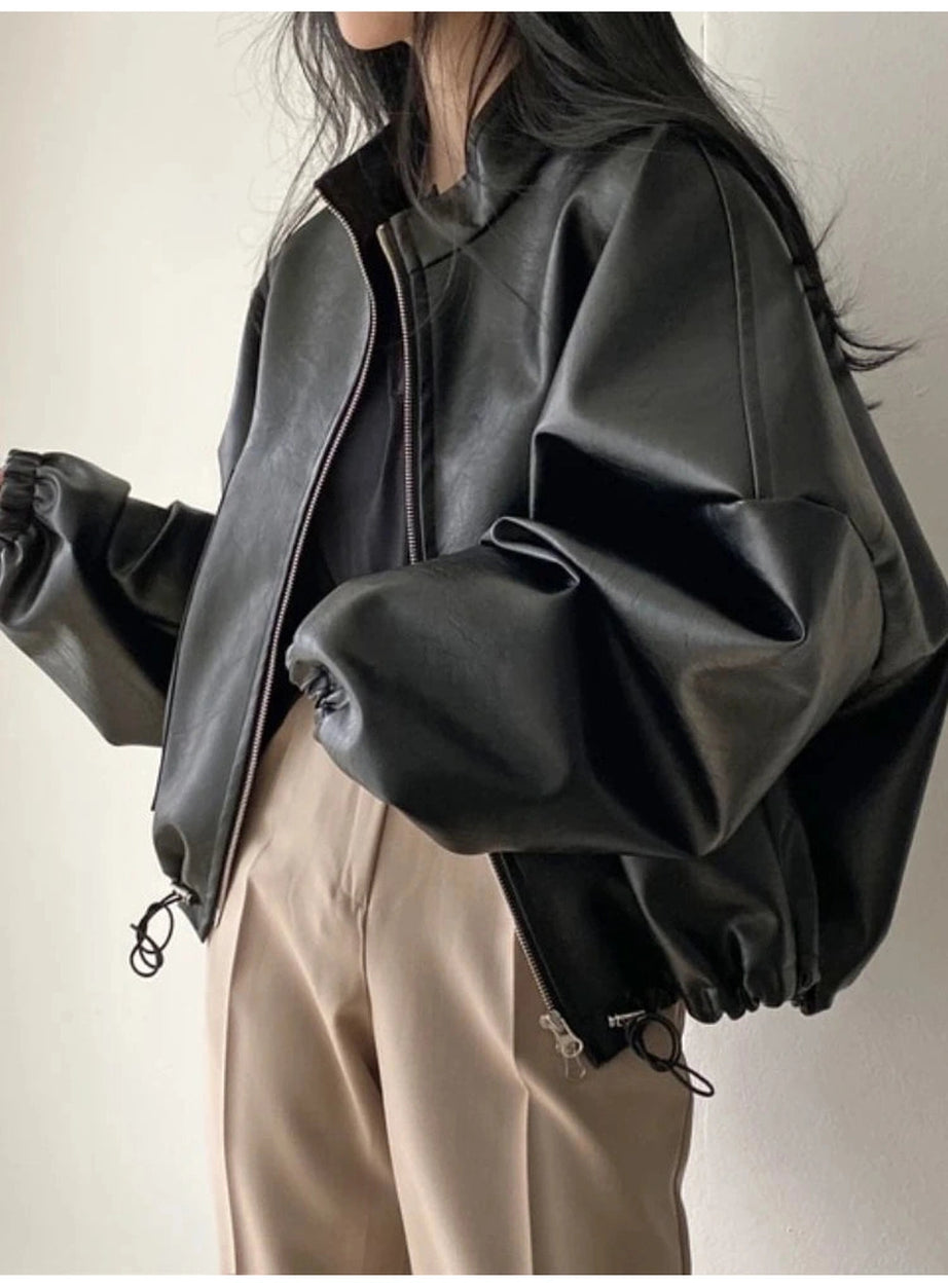 Oversized Faux Leather Bomber Jacket