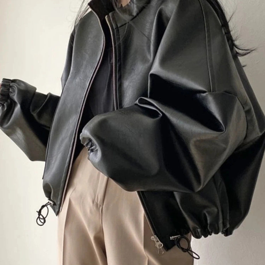 Oversized Faux Leather Bomber Jacket