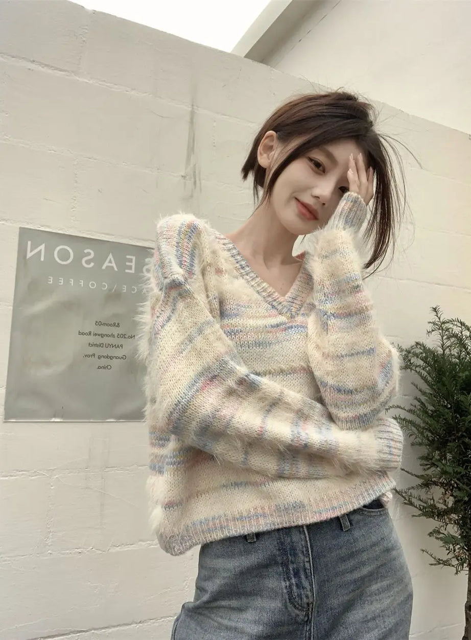 Pastel Striped Fuzzy Knit Sweater