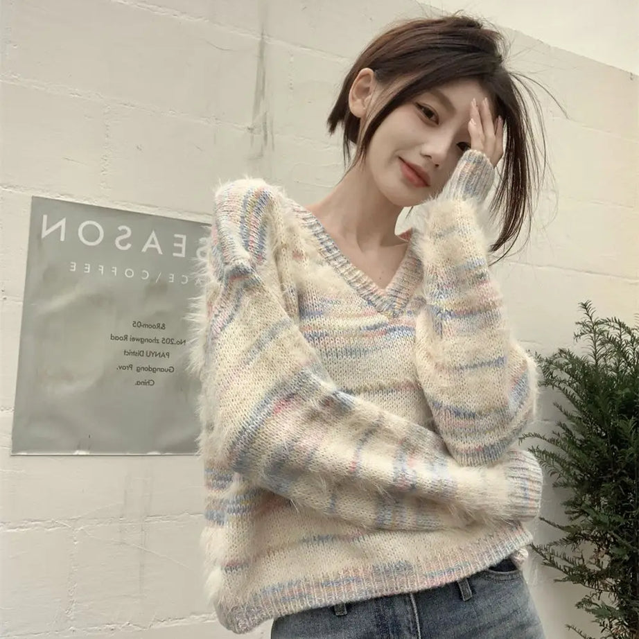 Pastel Striped Fuzzy Knit Sweater