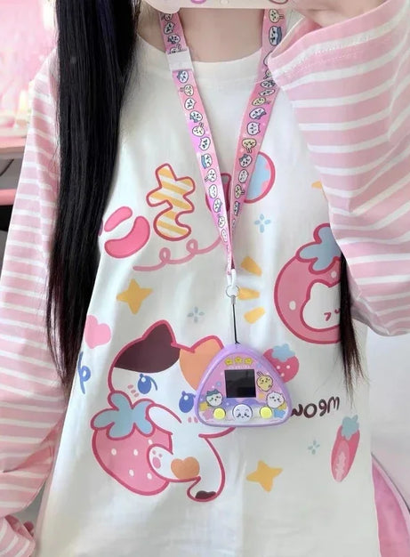 Japanisches Patchwork Rosa Streifen Casual T-Shirt Herbst Cartoon Druck Harajuku Tops Grunge Kawaii Niedlich Y2k Ästhetische T-Shirts