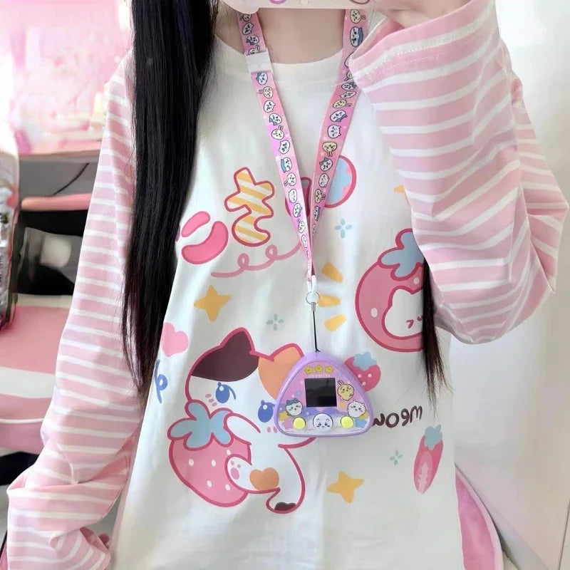 Japanese Patchwork Pink Stripe Casual T-shirt Autumn Cartoon Printing Harajuku Tops Grunge Kawaii Cute Y2k Aesthetic Tshirts