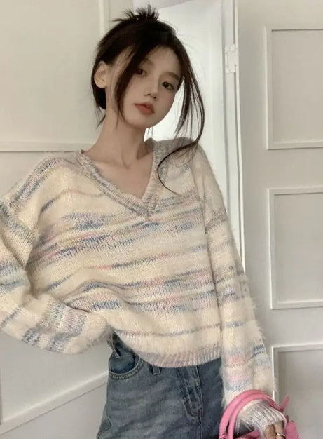 Pastel Striped Fuzzy Knit Sweater