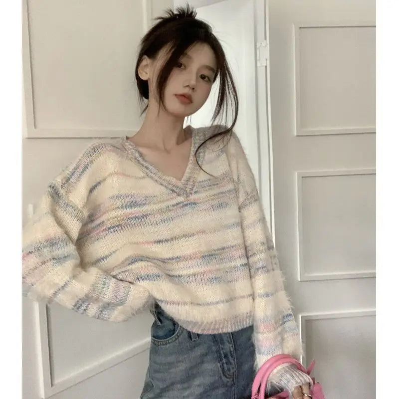 Pastel Striped Fuzzy Knit Sweater