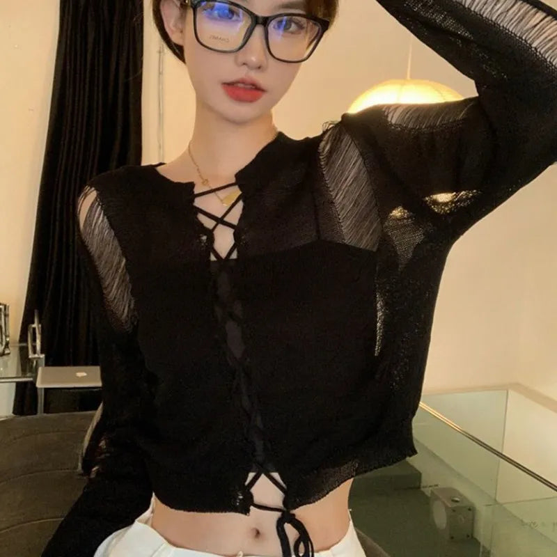 Midnight Lace-Up Mesh Top