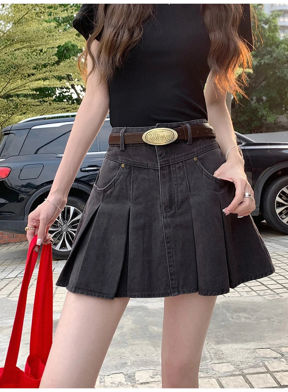 Pleated High-Waisted Denim Skirt