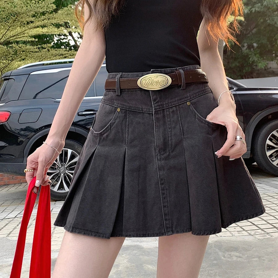 Pleated High-Waisted Denim Skirt