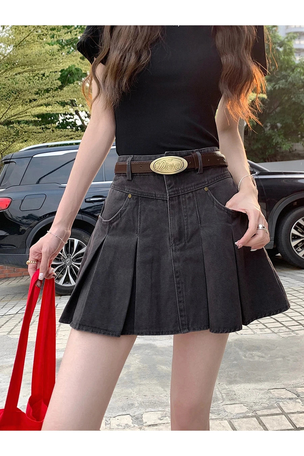 Pleated High-Waisted Denim Skirt