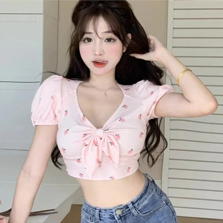 Y2k Kawaii Floral Sexy T-shirts Women Crop Tops Summer Bow Sweet Puff Sleeve Hot Girls European Slim Temper Футболка Женский