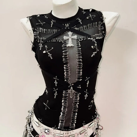 Safety Pin Cross Punk Top