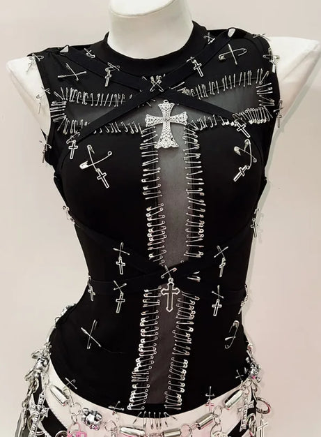 Safety Pin Cross Punk Top