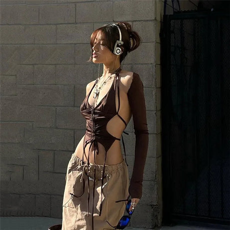 Mocha Ruched Tie-Up Top