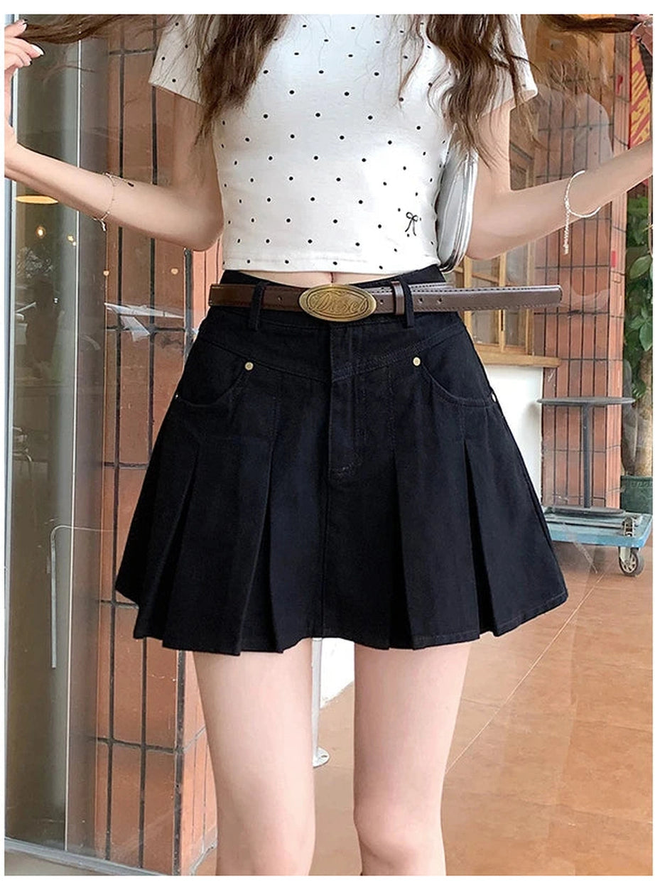Pleated High-Waisted Denim Skirt