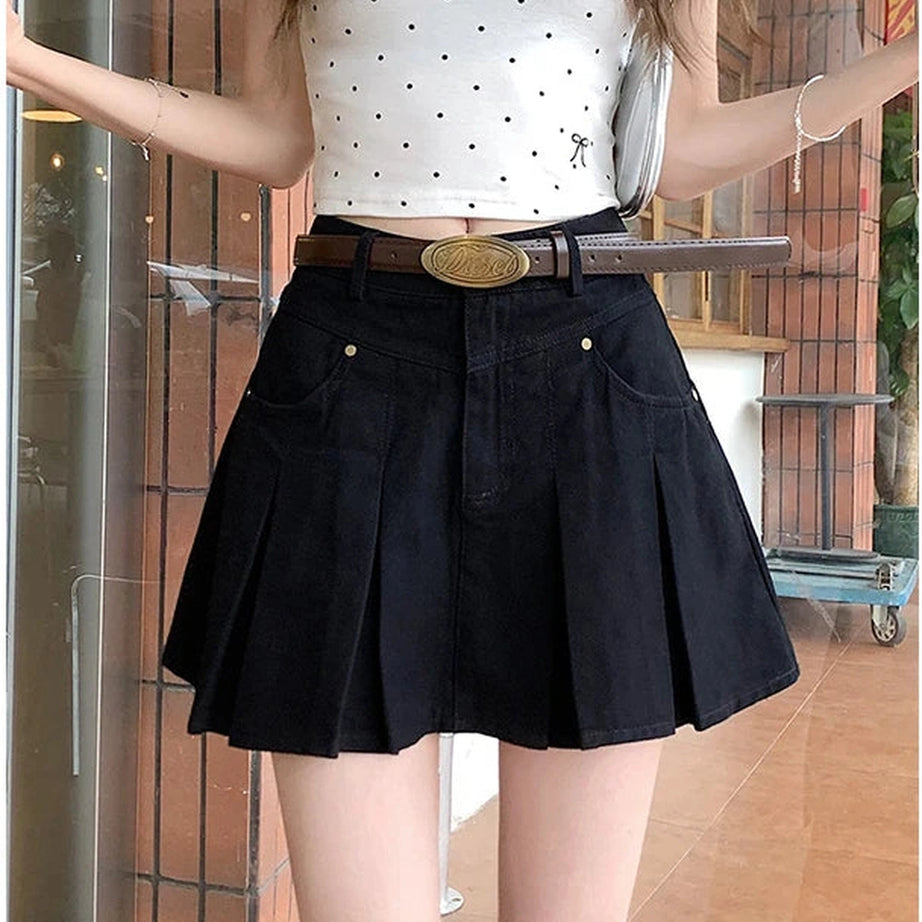 Pleated High-Waisted Denim Skirt
