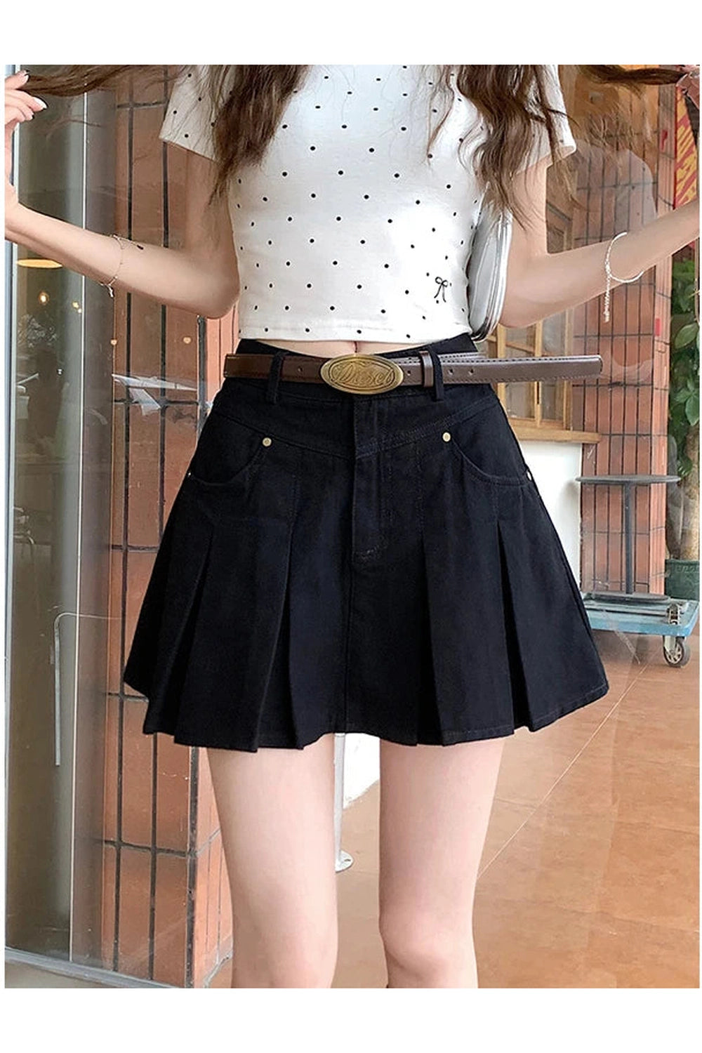 Pleated High-Waisted Denim Skirt