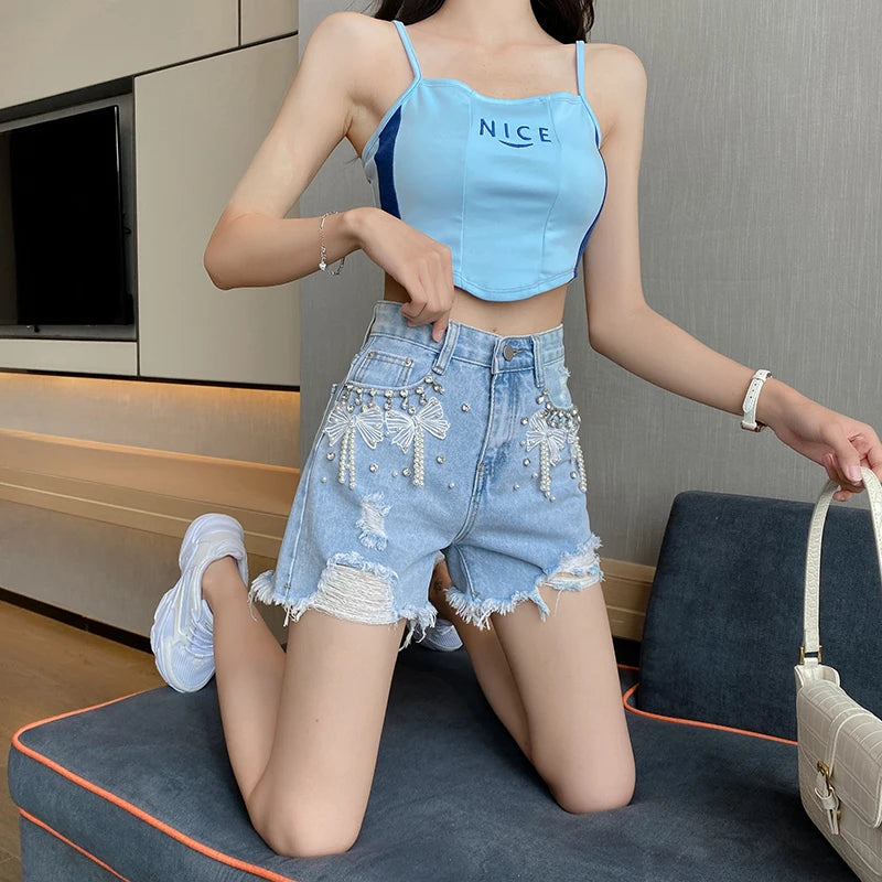 Pearl Bow Embellished Denim Shorts
