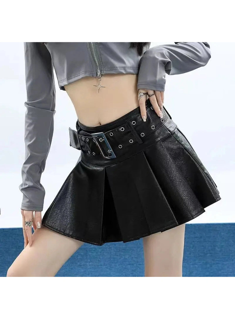 Grommet Belted Leather Mini Skirt