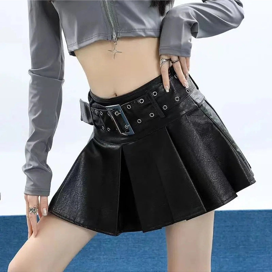 Grommet Belted Leather Mini Skirt