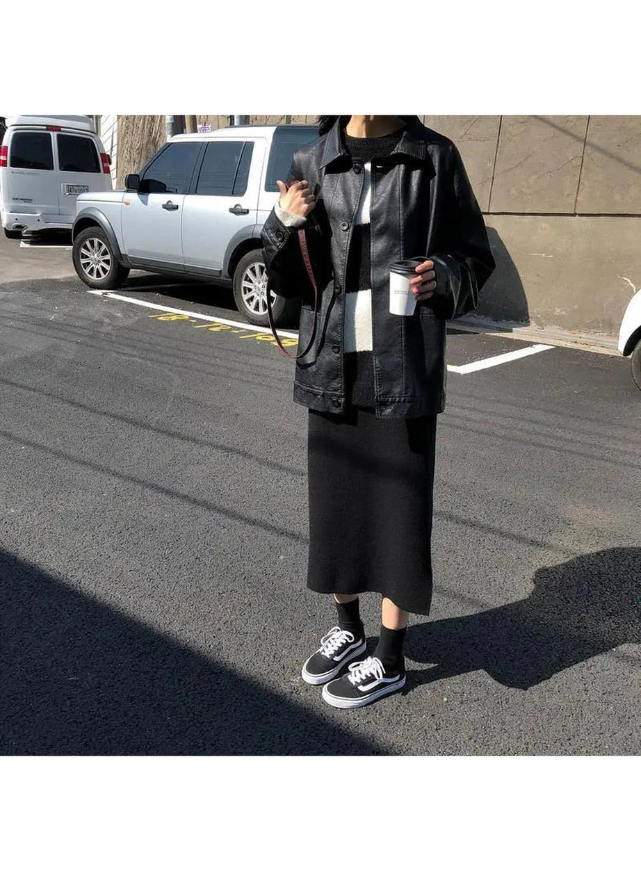 Oversized Black Leather Shirt Jacket