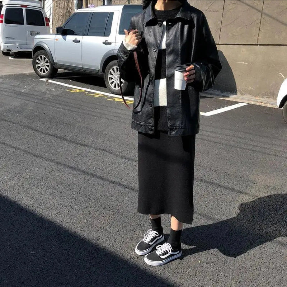 Oversized Black Leather Shirt Jacket