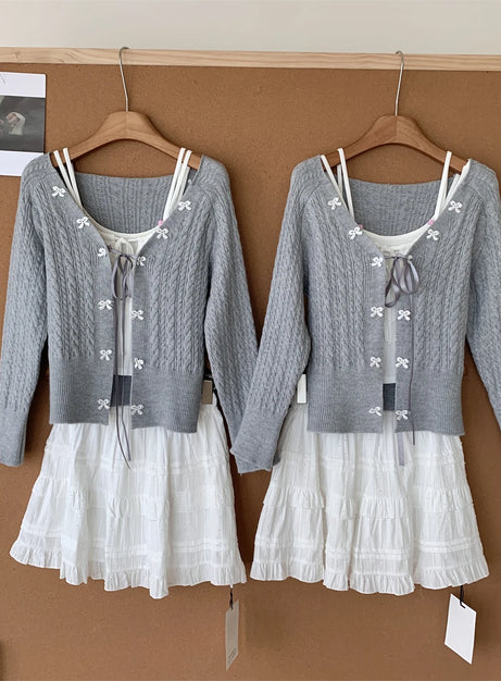 Soft Lace Bow-Knit Outfit Set