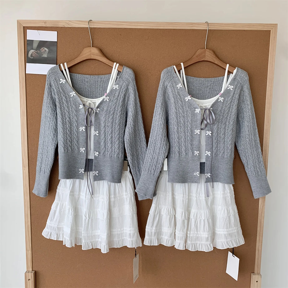 Soft Lace Bow-Knit Outfit Set