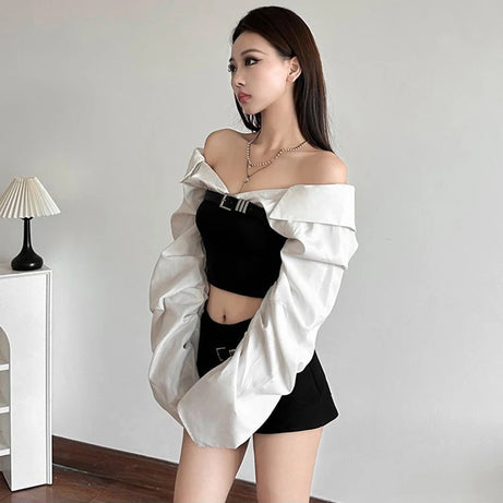 Monochrome Buckled Off-Shoulder Top
