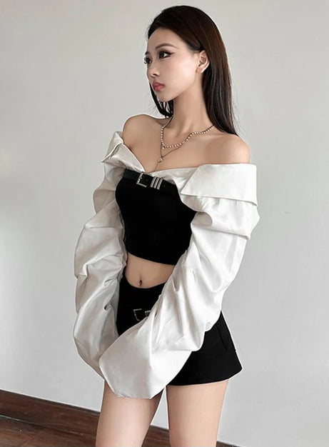 Monochrome Buckled Off-Shoulder Top