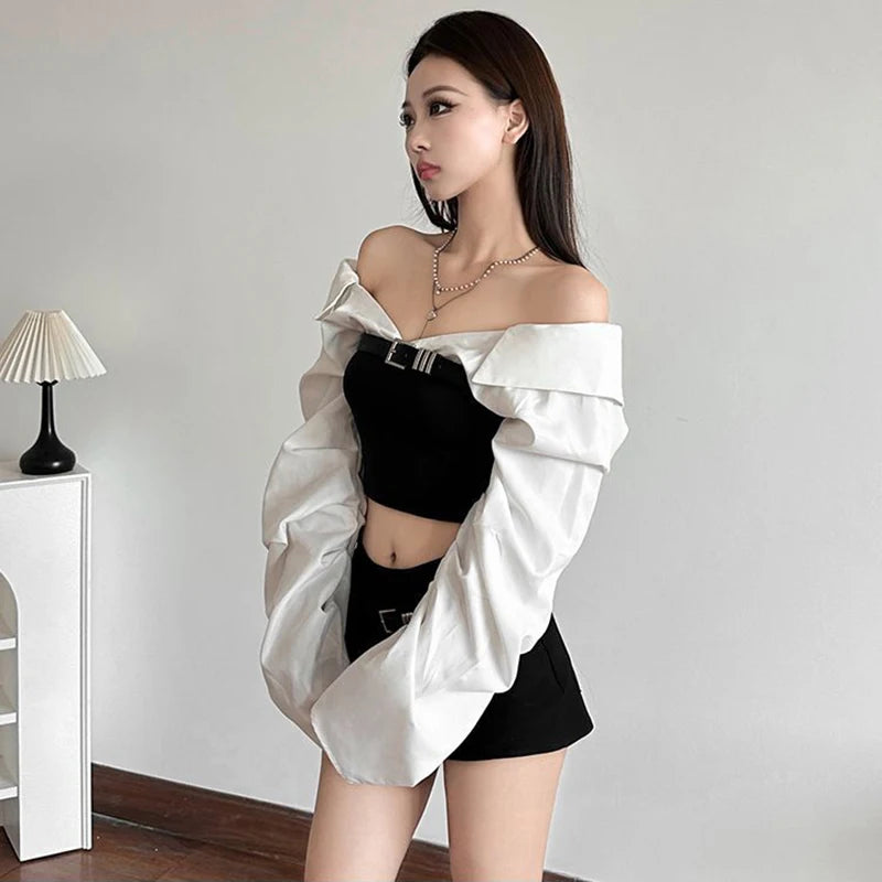 Monochrome Buckled Off-Shoulder Top