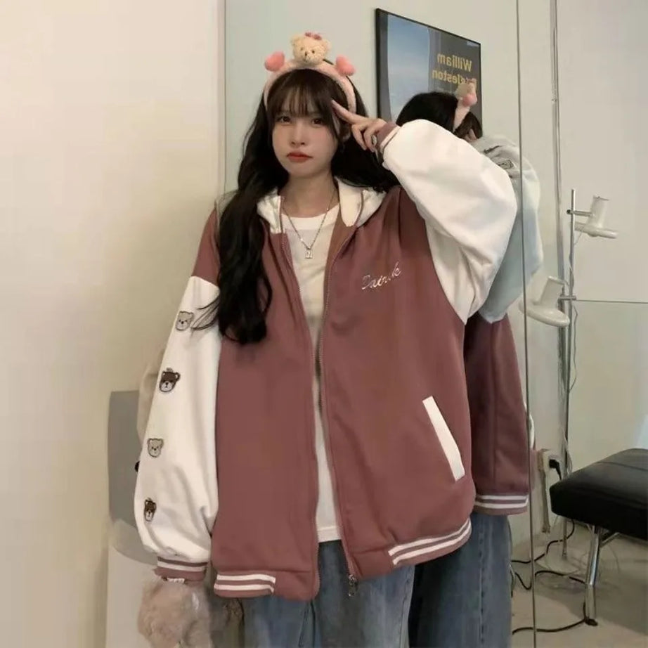 Bear Patch Oversized Hoodie Jacket