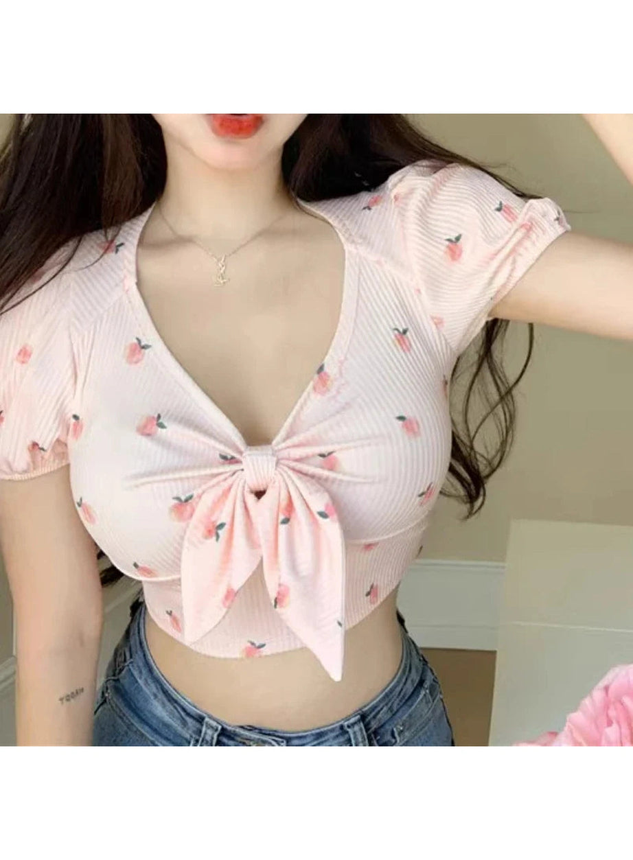 Y2k Kawaii Floral Sexy T-shirts Women Crop Tops Summer Bow Sweet Puff Sleeve Hot Girls European Slim Temper Футболка Женский