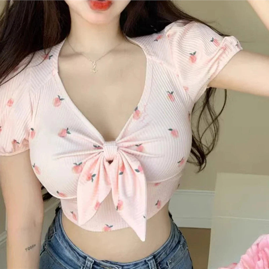 Y2k Kawaii Floral Sexy T-shirts Women Crop Tops Summer Bow Sweet Puff Sleeve Hot Girls European Slim Temper Футболка Женский
