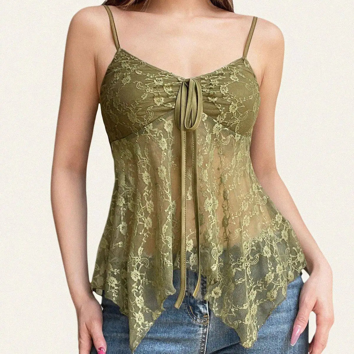 Y2K Sage Lace Tie-Front Cami Top