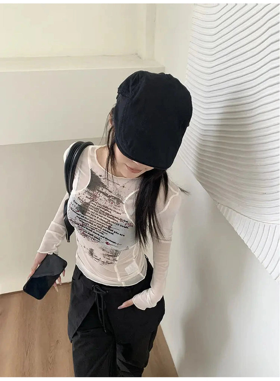 Sheer Black Text Graphic Mesh Top