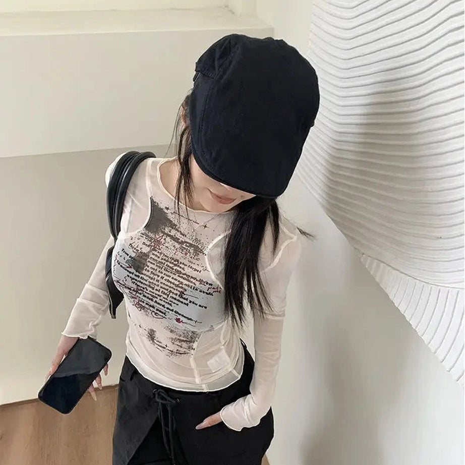 Sheer Black Text Graphic Mesh Top