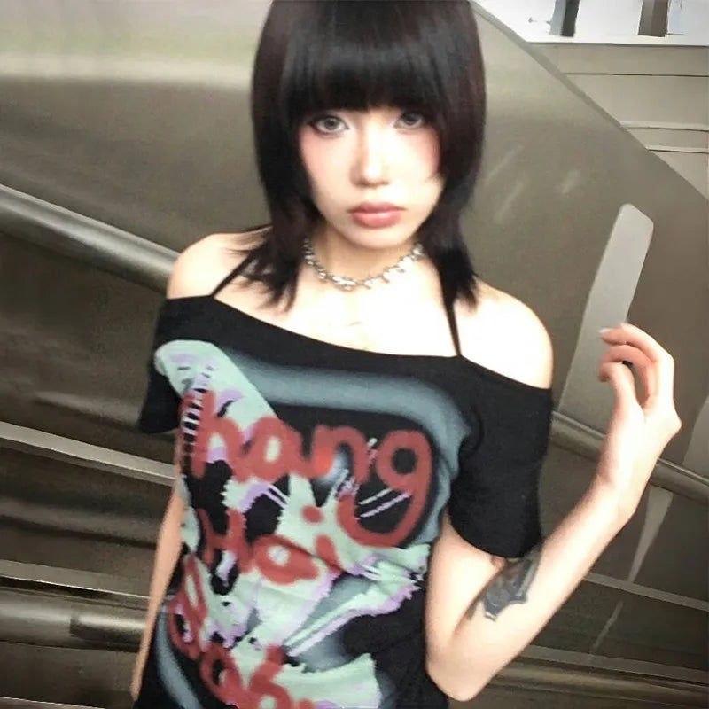 Off-Shoulder Skull Graffiti T-Shirt