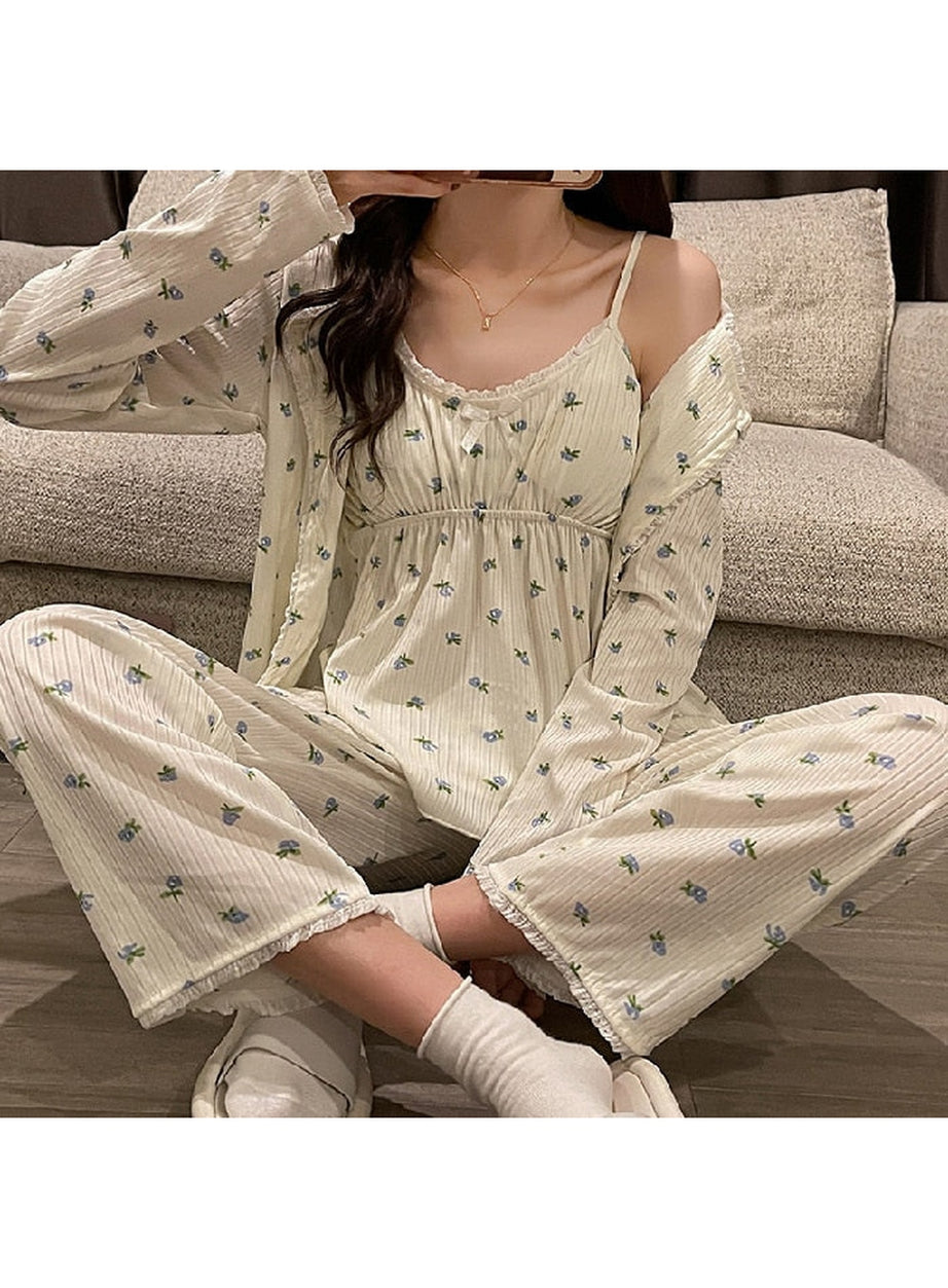 Y2k 3Pcs Ladies Cotton Pajama