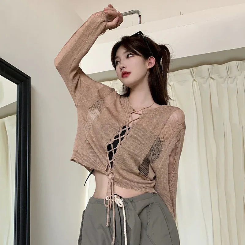 Midnight Lace-Up Mesh Top