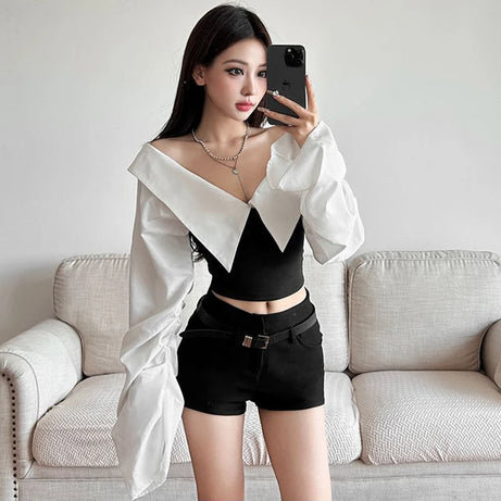 Monochrome Buckled Off-Shoulder Top