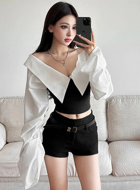 Monochrome Buckled Off-Shoulder Top