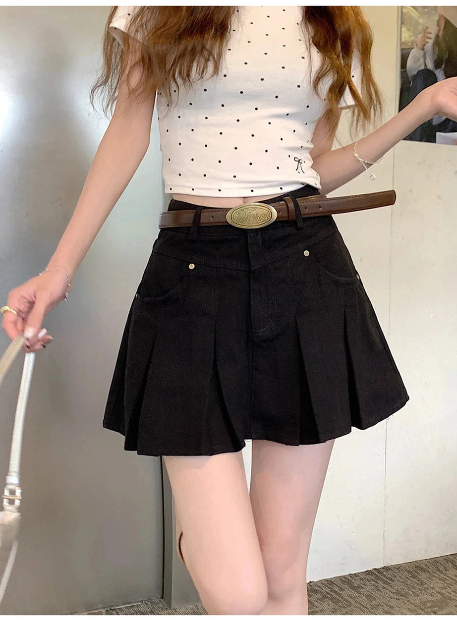 Pleated High-Waisted Denim Skirt