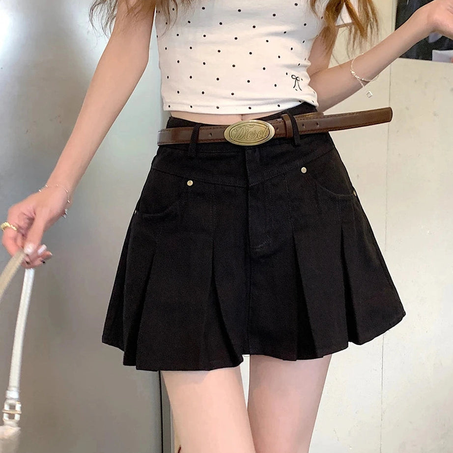 Pleated High-Waisted Denim Skirt