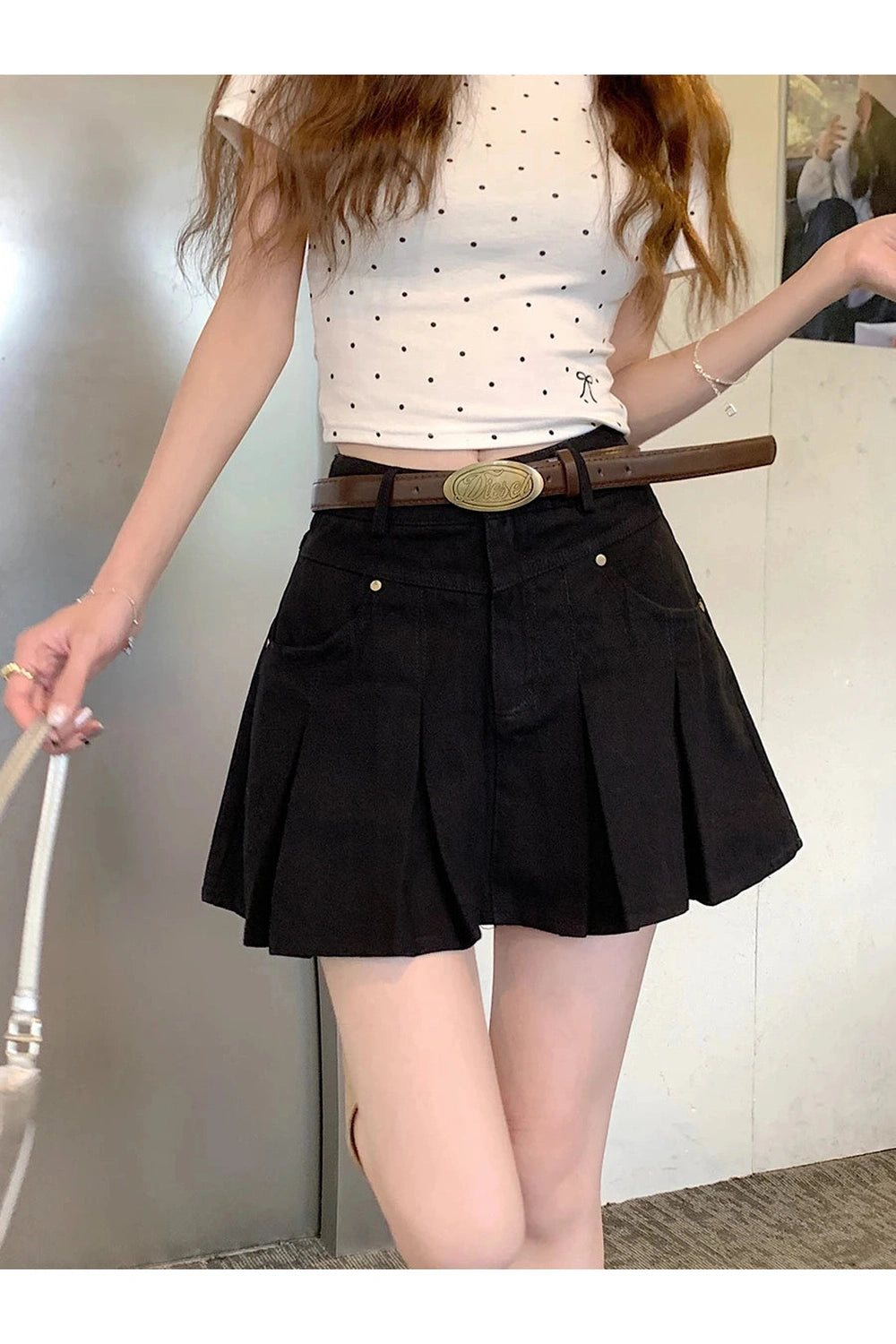 Pleated High-Waisted Denim Skirt