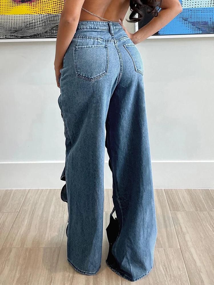 Twisted Rivet Cutout Denim Pants