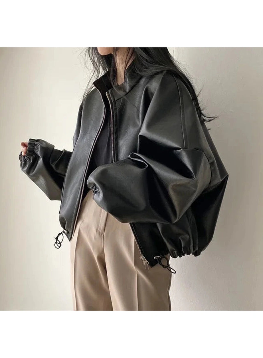 Oversized Faux Leather Bomber Jacket